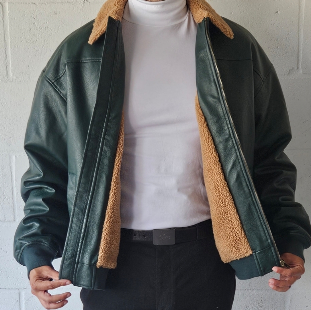 Men's Dark Green Cotton On Leather Jacket - Picture 5 of 14